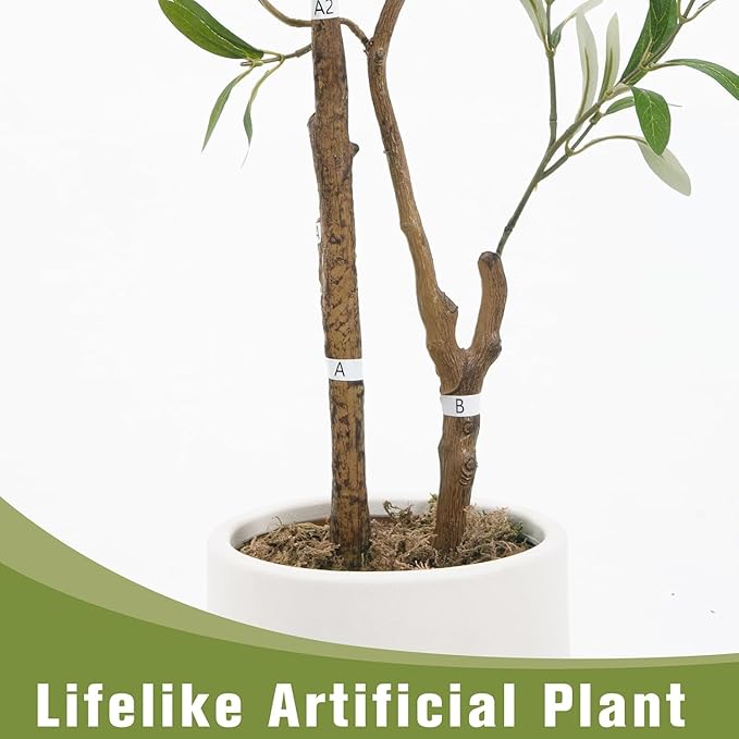 Artificial Fake Olive Tree 4FT Tall 1Pack with White Planter Faux Silk Olive Tree for Home Living Room Office Decor Faux Artificial Plants Indoor with Fruit & Free Moss