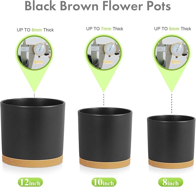Meowell 12/10/8 inch Large Deep Plant Pots, 3 Pack Tall Cylinder Flower Pots for Outdoor Indoor Plants, Plastic Planters with Drainage Holes and Saucers for Garden Porch House Plants, Black
