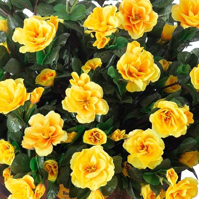 Ivydale Artificial Fake Flowers Plants for Outdoor Outside Spring Decor, Faux Silk Yellow Camellia UV Resistant Look Real for Planter Pot Porch Patio Balcony Garden Yard, 3 Large Bundles