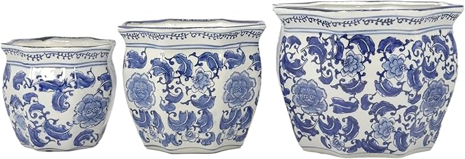 Galt International Blue & White Round Fluted Classic Floral Porcelain Ceramic Plant Flower Planter Pot Set of 3 (7.5", 10", 13") Garden Pots Chinese Asian Design