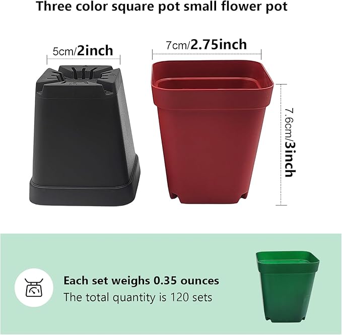 RooTrimmer Square Plastic Nursery Pot 3" 120 Pcs Deep Succulent Pots Small Flower Planter Seeds Starter Pots with Drainage (Green,Black,Red 40pcs Each,2.7Inches)