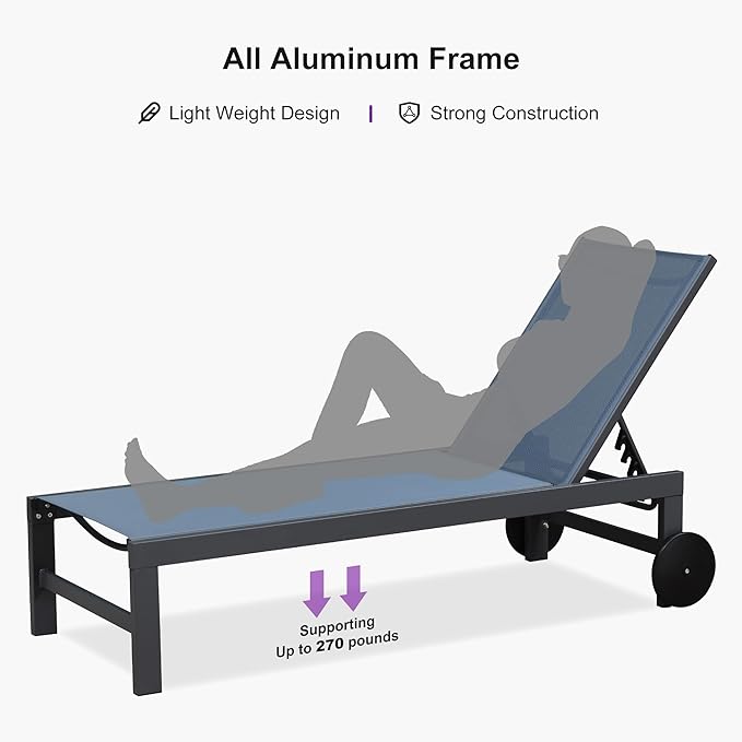 PURPLE LEAF Patio Lounge Chair Set for 2 Outdoor Chaise Lounge with Adjustable Backrests and Easy-to-Move Wheels Aluminum Reclining Pool Chair for Outside Yard Poolside Table Included, Indigo