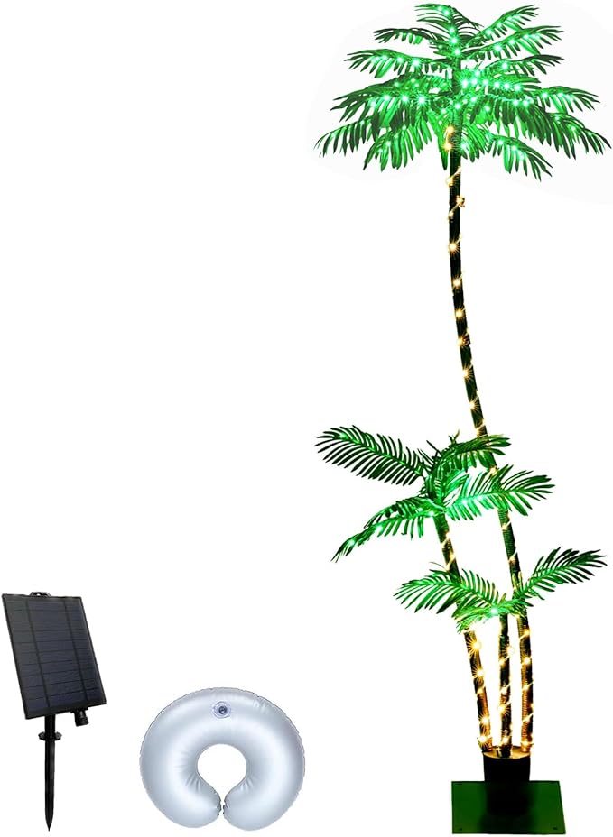 SOSHOT 6FT Solar Lighted Palm Trees for Outside Patio Light Up 260 LED Artificial Fake Tree Lights for Pool Bar Tropical Party Deck Outdoor Decorations