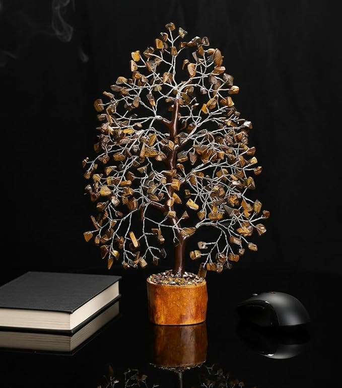 Crystal Tree of Life - tiger eye silver Healing Crystal for Home & Office Decor | Handmade Gemstone Money Tree for Positive Energy, Good Luck & Wealth | Spiritual Birthday Gift for Women & Mom