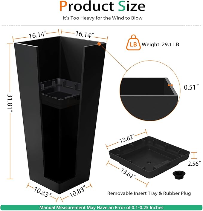 Heyzier Tall Planters for Outdoor Plants, Large Resin Flower Pots for Garden, Front Porch, Patio, Indoor - Set of 2 (Black, 32 inch - 2 Pack)