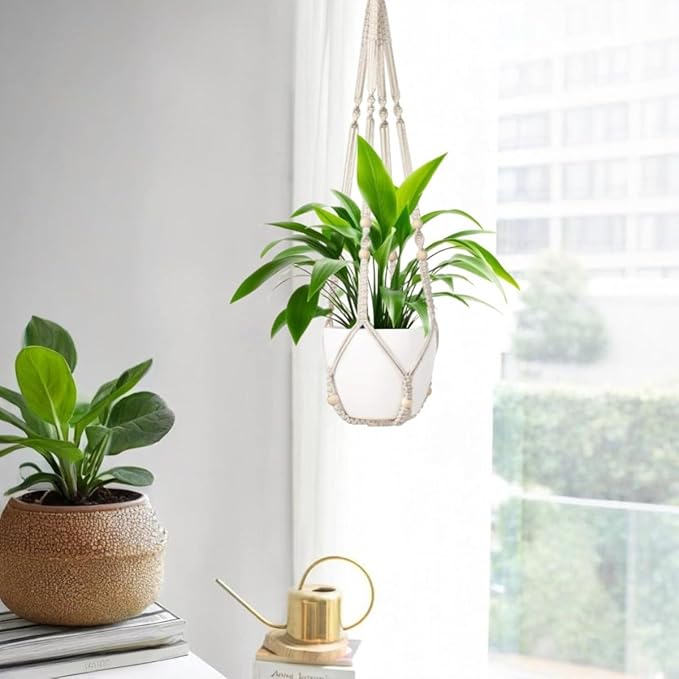 MDKFKDK 3 Pack Macrame Plant Hanger,Hanging Plant Holder, Boho Home Decor Hanging Basket with Wood Beads,Hanging Planters for Indoor Plants,Plant Hanger Indoor 35"/29"/23" Ivory (POTS NOT Included)