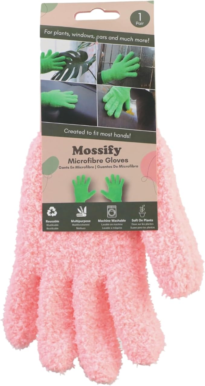Mossify Microfiber Gloves for Plant Dusting – Reusable & Washable Plants Leaf Cleaning Gloves for Houseplants & Indoor Gardening, Soft & Absorbent Plant Dusting Glove for Windows, Dust Mitt - Pink