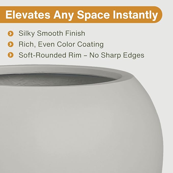 KUTE NEST 16"H x 20"D Globo Fiberstone Round Planter with Drainage Hole, Smooth Finishes, Weather Resistant for Indoor and Outdoor Use, Included 2 Extra Coco Mats (Light French Gray, 13.5 Pot Opening)