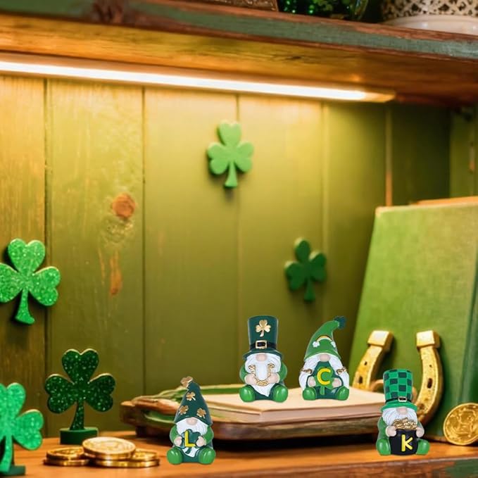 MEETYAMOR St Patricks Day Decorations, 4 PCS Gnome Resin Figurine for St Patricks Day Decor, Luck Sign Irish Green Clover Leprechaun Figurines Standing for Home Table, Mantel, Shelf