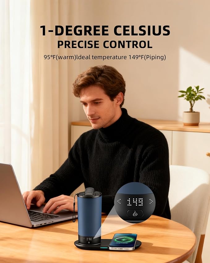 VFZO Temperature Control Heated Travel Mug Smart Self Heating Coffee Mug 20 Oz App Controlled LED Display coffee serving sets mug kept at a constant temperature for 4-10 hours (Slate Blue, 20 oz)