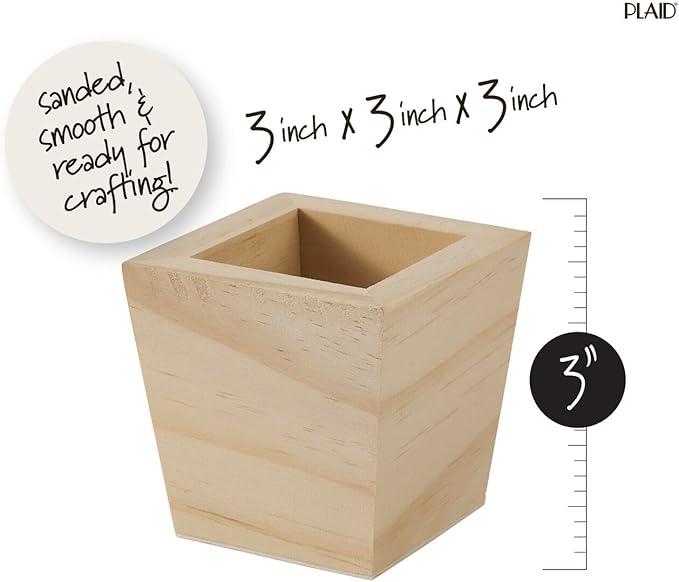 Plaid Unfinished Wood Square Planter, 3" x 3" x 3" Wooden Surface Perfect for DIY Arts and Crafts Projects, 63517