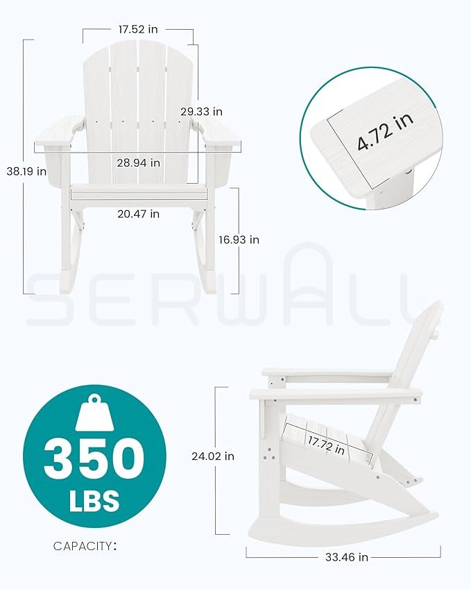 SERWALL Outdoor Adirondack Rocking Chairs of 4, All-Weather HDPE Adirondack Rocker Chair, Front Porch Rocker Chairs for Patio Lawn Porch Deck, White