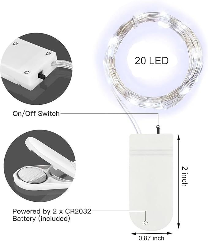 24 Pack Cool White Fairy Lights Battery Operated,No Blue Hue & Long Lasting,6.6ft 20 LED Silver Wire Firefly Mini Lights for Wedding Centerpieces,Party,DIY Crafts,Mason Jars Decor