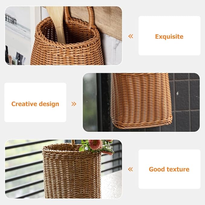 Woven Seagrass Storage Basket - Wall Mounted Planters with Rattan Flower Pot - Hanging Wicker Basket