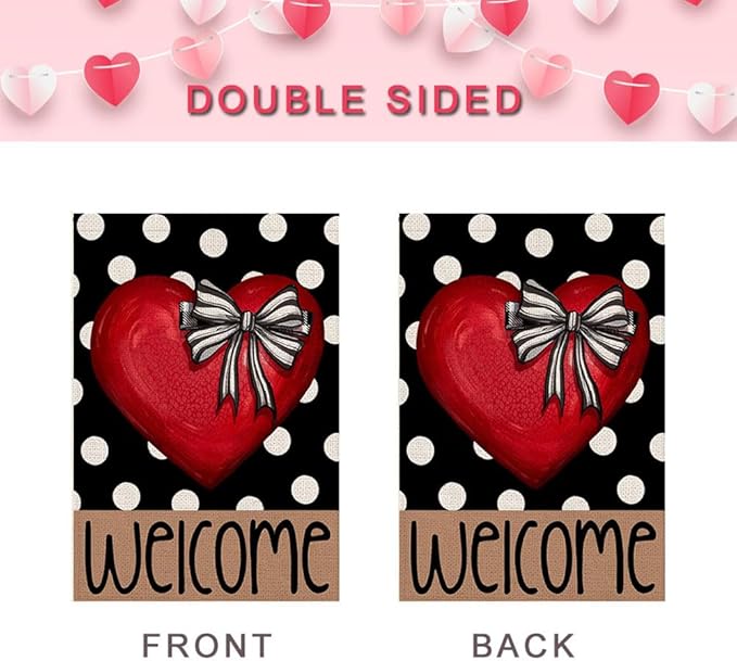 Polka Dot Red Heart with Bow Welcome Valentines House Flag 28x40 Inch Double Sided Outside Love Outdoor Seasonal Decorative Large Garden Decorations
