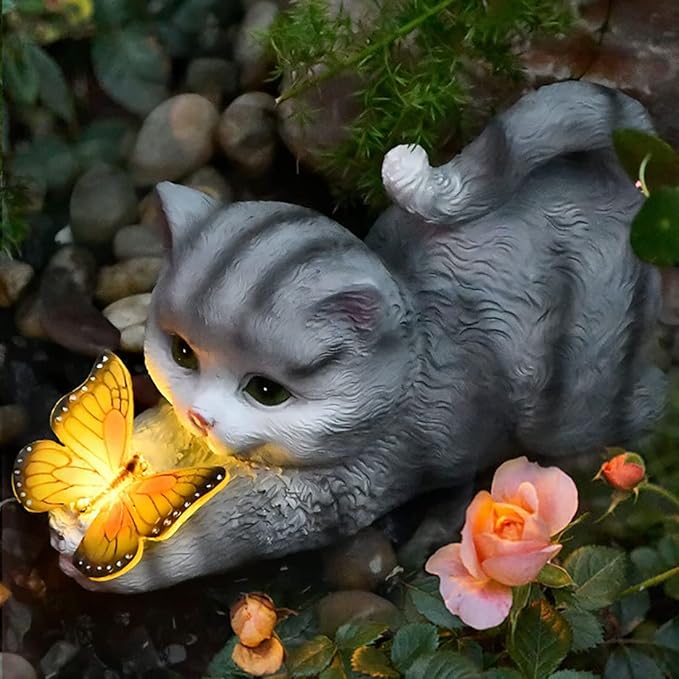 hYwecy Solar Garden Statue Cat,Garden Figurine Outdoor Decoration with Cat Holding Butterfly for Yard,Patio,Lawn Art Decoration,Housewarming Gift