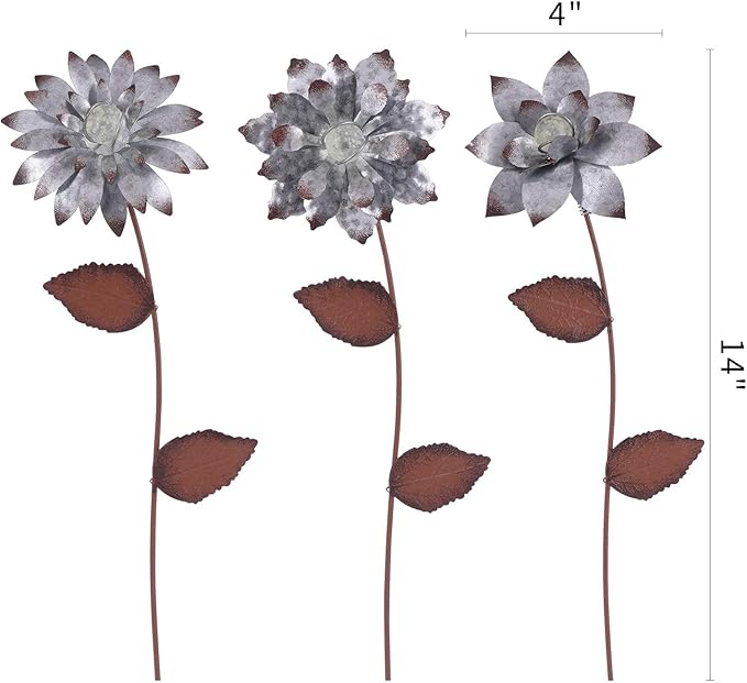 Floral Garden Stake Glow in Dark Outdoor Plant Pick Cute Metal Flower Stick Art Ornament Decorate for Lawn Yard Patio,3 Set