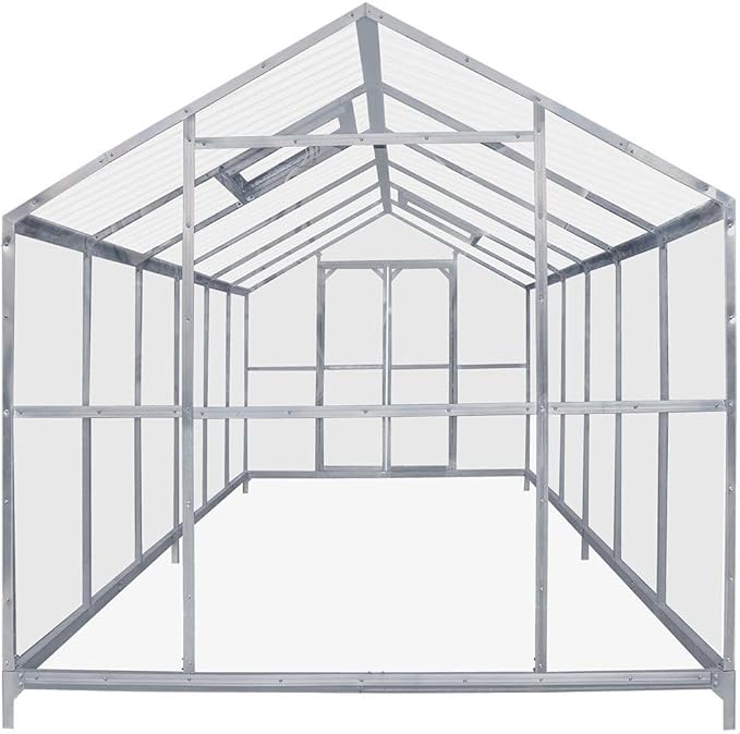 Expanded 8 x 20 Grow House with 4mm UV-Resistant Twin-Wall Polycarbonate Roof Transparent Hard Walls Galvanized Metal Frame Ground StabilizationBars