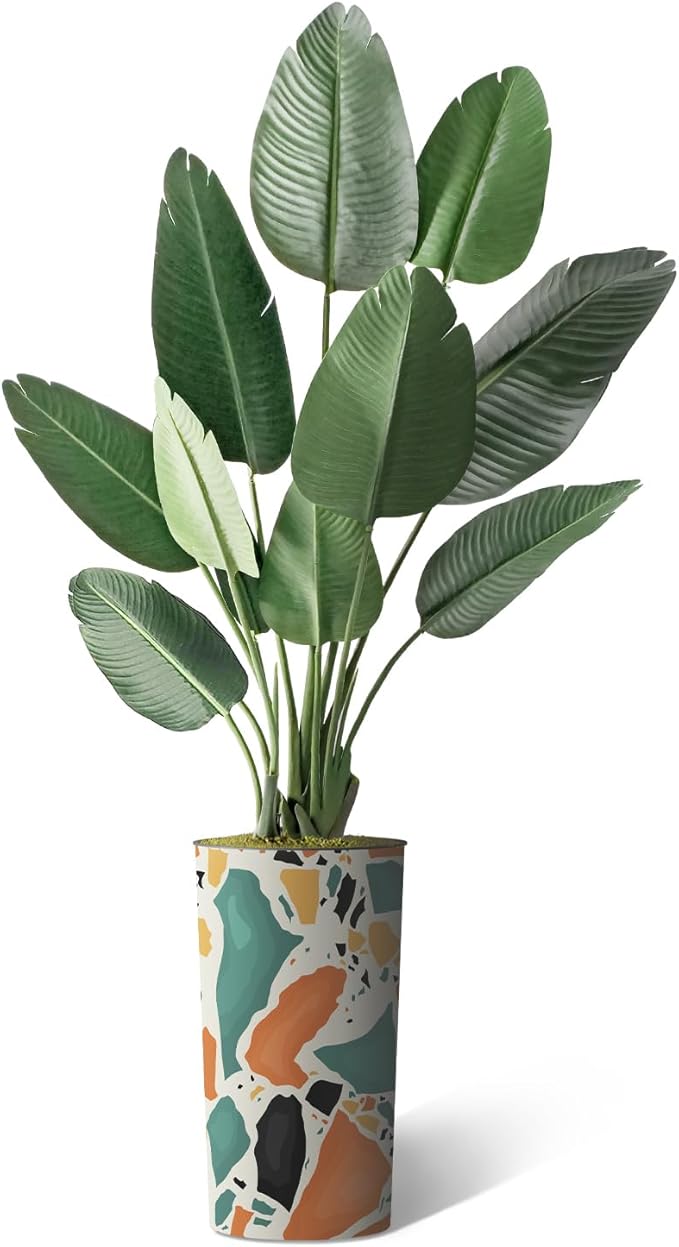 Artificial Tree in Modern Geometric Pattern Planter, Fake Bird of Paradise Silk Tree for Indoor and Outdoor Home Decoration - 67" Overall Tall (Plant Pot Plus Tree)