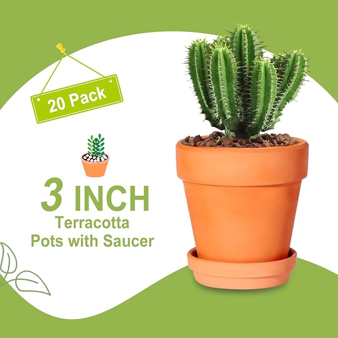 Kosrtuny 3 Inch Terracotta Pots with Saucer-20 Pack Succulent Cactus Plant Pots with Drainage Hole, Great for Plants Garden Windowsill Indoor & Outdoor Wedding Favors Gifts