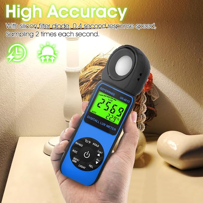 GOYERRNES Illuminance Light Meter, Digital Lux Foot Candles Meter 0.1~400,000 Lux (0.1~40,000 FC) with 270º Rotatable Detector, Lumen Meter Luxmeter for Indoor Outdoor 881D