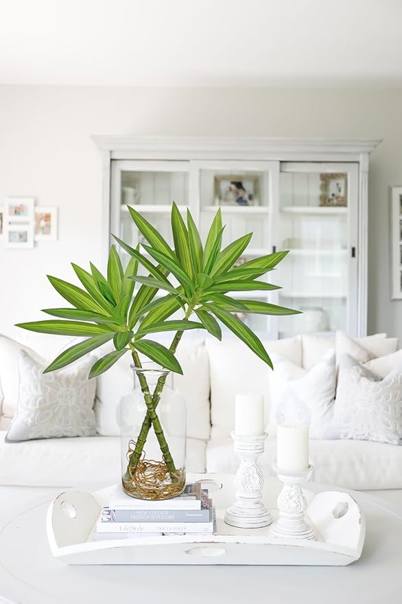 Artificial Plants Stems in Glass Vase with Faux Water,Fake Silk Plant Dracaena Leaves for Centerpiece Table Decorations Farmhouse Wedding Home Greenery Decor (Green)