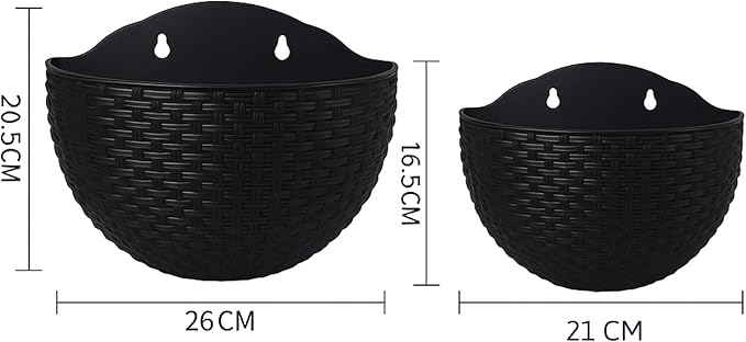 2pcs Semi Circle Hanging Wall Planter, Wall Mounted Half Round Flower Pot for Outdoor Indoor Decoration, Imitation Rattan Plastic Baskets Container with Hooks, Drainage, for Home Office Balcony Fence