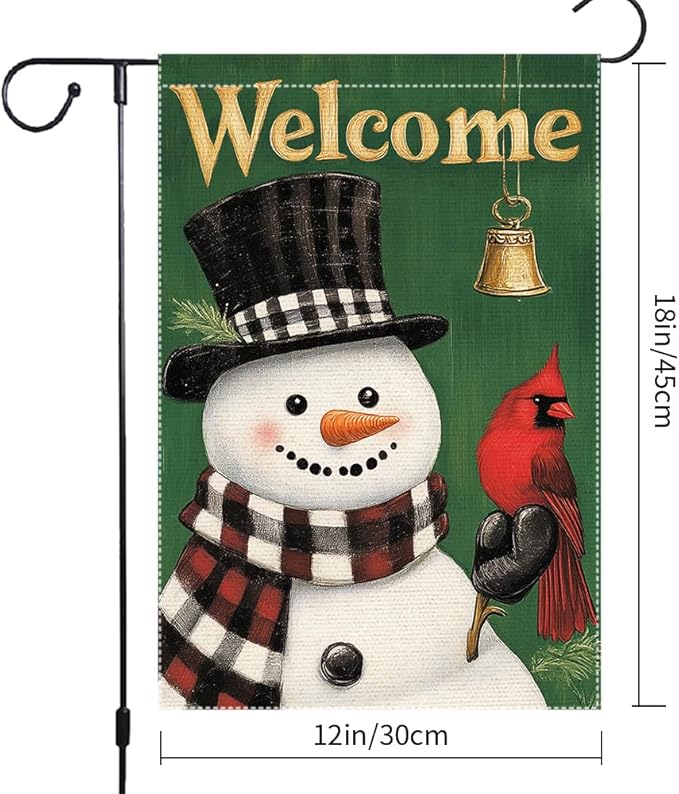 Welcome Snowman Garden Flag Double Sided 12x18 Inch Burlap Winter Outdoor Yard Decoration with Cardinal Bird and Bell Christmas Holiday Decor