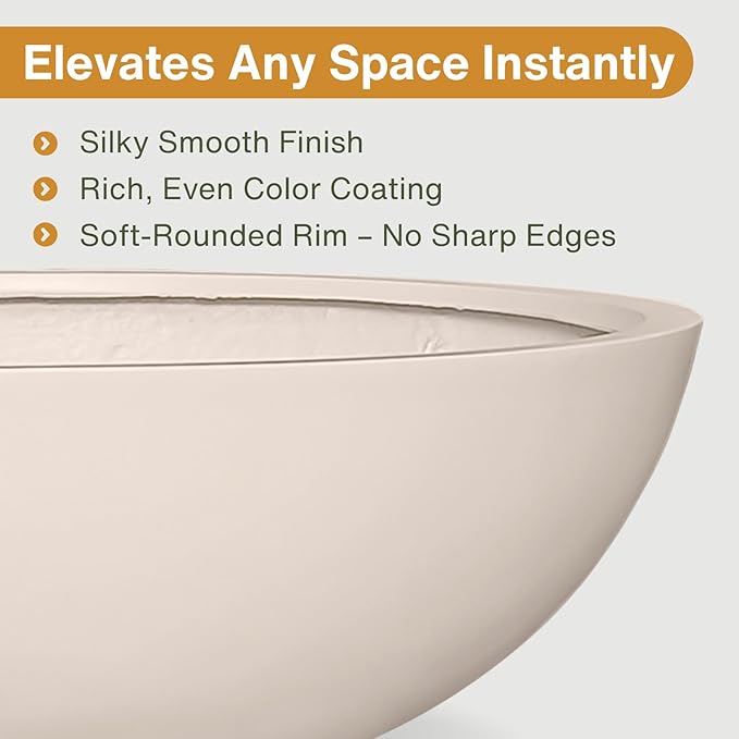 KUTE NEST 6.9" H x 19.7" D Round Bowl Fiberstone Planter for Succulent and Lotus with Drainage Hole, Smooth Finishes, Weather Resistant, Included 2 Extra Coco Mats (Kilim Beige, 17.9" Pot Opening)