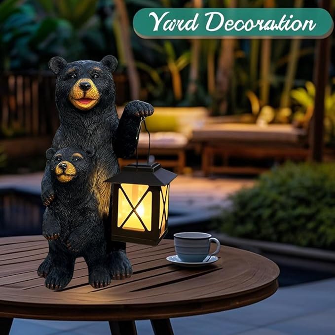 Solar Powered Black Bear Statue Decorative Lights - 10 Inch 1 Pack Black Bear Statue Outdoor Garden Patio Tabletop Decoration, Best Garden Gift for Mom, Lady