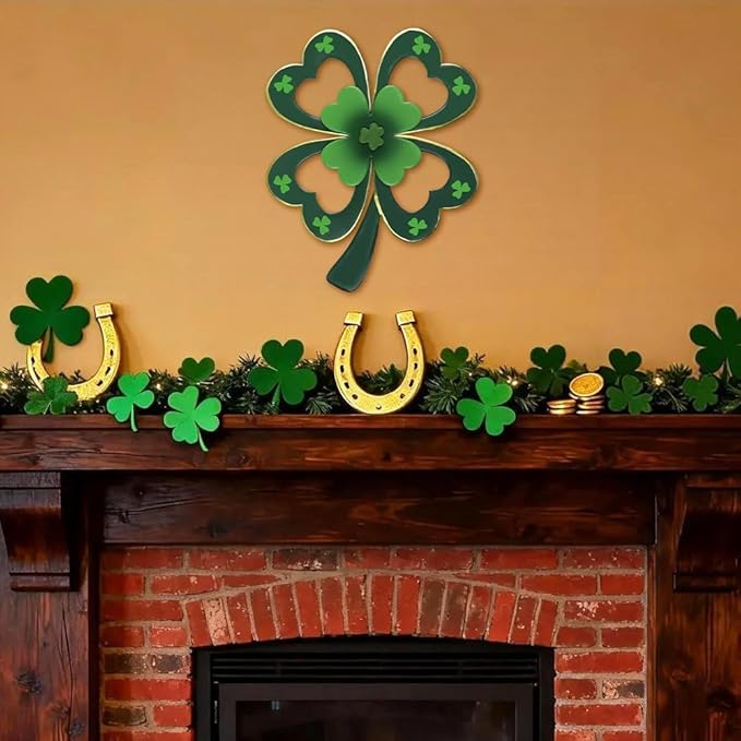 YEAHOME St Patricks Day Wall Decorations, 16'' Metal Four-Leaf Clover Wall Art Decor, Lucky Saint Patricks Day Hanging Decor for Home Indoor Outdoor Garden, Yard, Kitchen, Bathroom, Bedroom