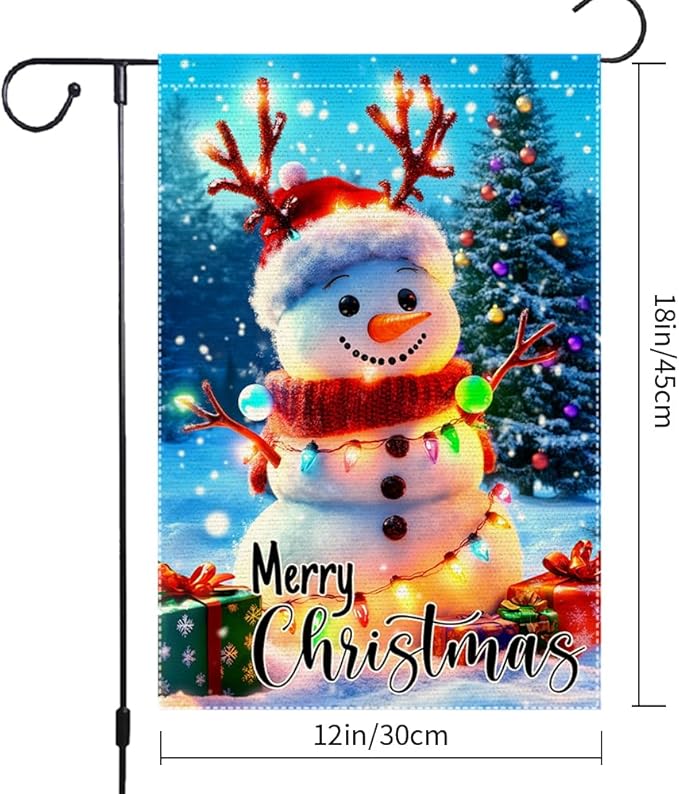 Christmas Snowman Garden Flag 12x18 Inch Double Sided Burlap Outdoor Holiday Yard Decor Cute Winter Lawn Banner with Lights Santa Hat Tree Gifts for Porch Patio Front Door