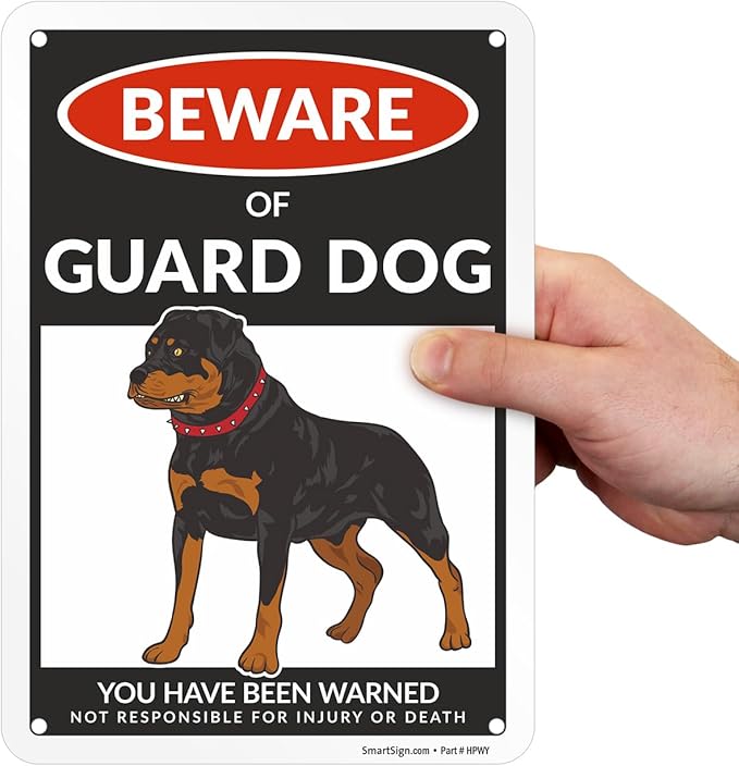SmartSign Beware Of Guard Dog Warning Sign - 10"x7", 40 mil Laminated Rust-free Aluminum - Funny Metal Signs for Entrances, Outdoors, Patio, Gifts, Cafe - Guard Dog Theme, Made in USA