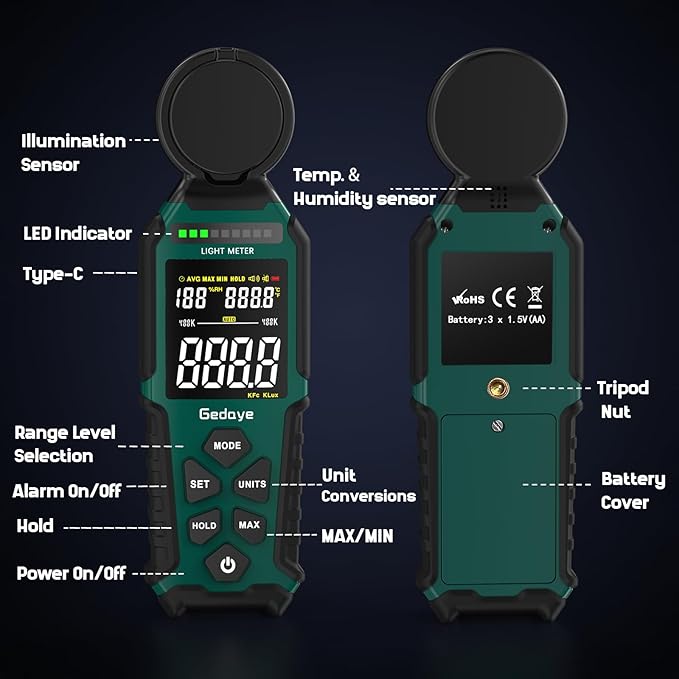 Light Meter Lux Foot Candles Meter 0~400,000 Lux Range, Large Backlit Display, Light Meter for Plants Luxmeter Light Meter Digital Illuminance Meter Handheld