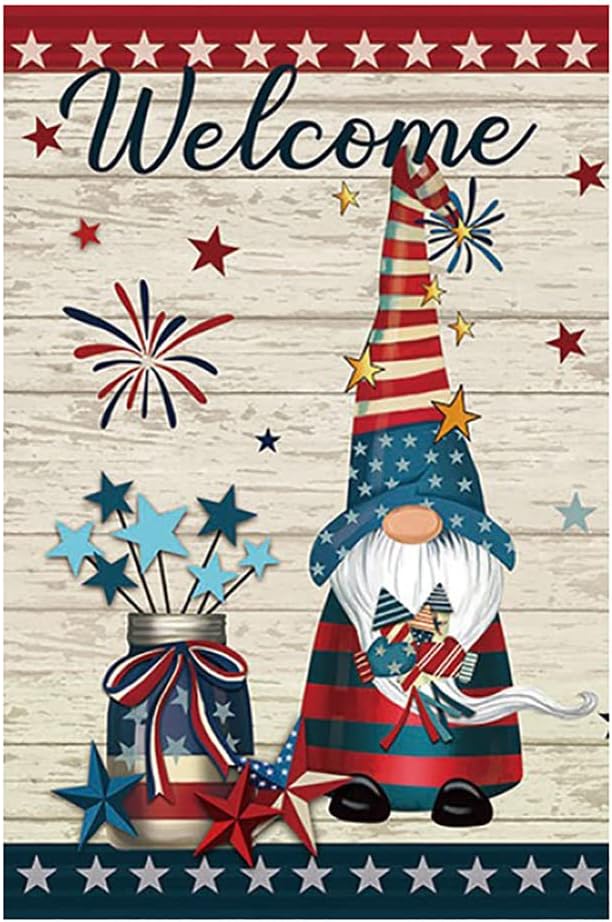 Super Tough Garden Flag - Firework Gnome 12in x 18in | Patriotic Design with Star Border & Welcome Message | Perfect for 4th of July | Durable Oxford Polyester | Festive Outdoor Flag