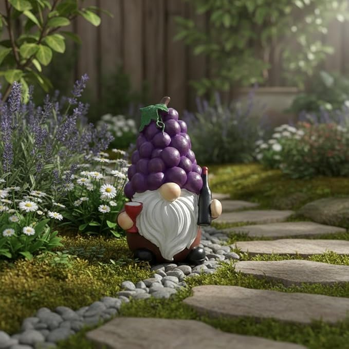 Funny Whimsical Garden Gnome Statue, 5.9 Inch Grape-Shaped Resin Decor with Wine Bottle & Glass, Outdoor/Indoor Yard Patio Ornament for Home Garden Decorations