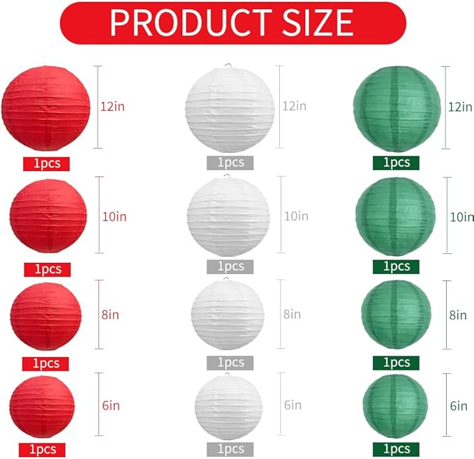 BEISHIDA 12Pcs Red White Green Paper Lanterns Decorative Hanging Round Paper Lanterns Lamp for Christmas，Birthday,Bridal,Wedding,Home or Outdoor Party Decoration