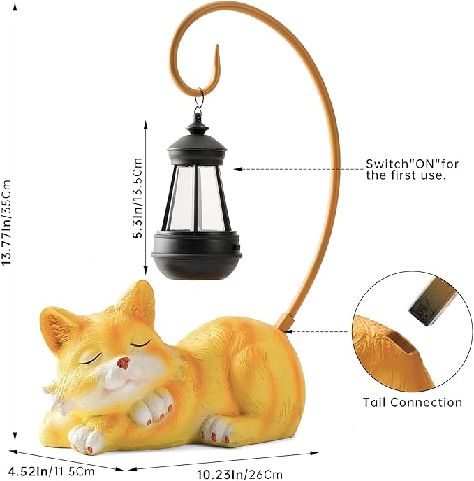 WSgift Outdoor Cat Figurine Garden Statue with Solar-Powered LED Light 13.77 Inches Tall Gift Garden Statue Decor for Cat Lovers Yellow