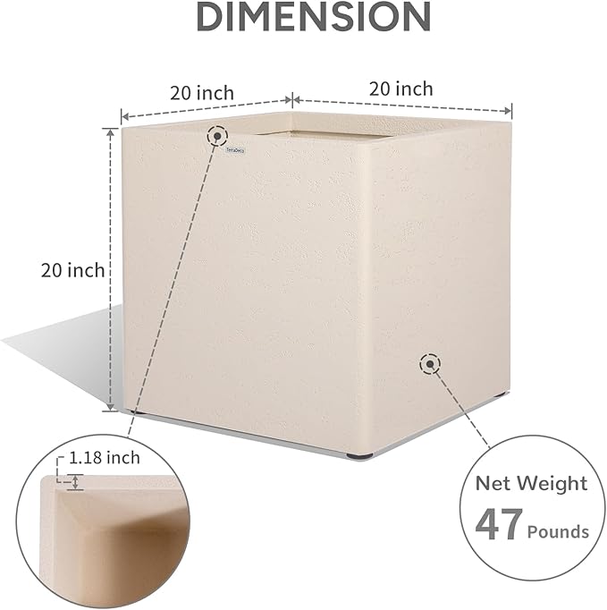 TerraDeco 20 Inch Square Concrete Planter（20Lx20Wx20H，48 Pounds）,Durable All-Weather Use with Drainage Holes,Large Square Planter for Outdoor Indoor Plants