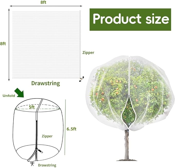 2Pcs 8x8ft Fruit Tree Covers with Zipper and Drawstring, Durable Garden Mesh Net to Protect Fruit Trees, Apple, Cherry, Peach Trees – Reusable, Lightweight