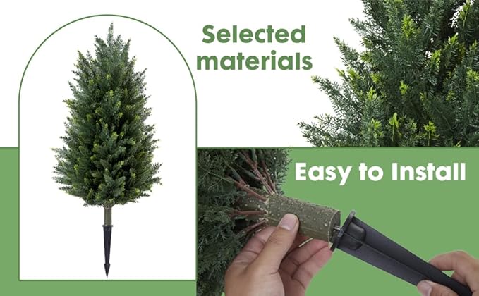 Pair Artificial Cedar Topiary Christmas Trees, 3ft UV-Resistant Faux Cypress shrubs w/Ground Spikes (Including Lights),Tall Evergreen Decorative Plants for Outdoor & Indoor Porch, Patio, and Garden