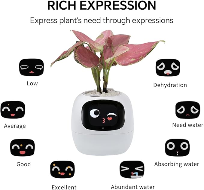 Odpaltoy Smart Plant Pot with Expression, AI Intelligent Flower Pot for Indoor Decoration, Smart Garden Pot with Water/Light/Temperature Sensors, Ivy AI Planter(White)