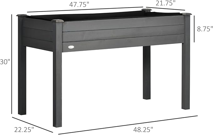 Outsunny Raised Garden Bed with Legs, 48" x 22" x 30", Elevated Wooden Planter Box, Self-Draining with Bed Liner for Vegetables, Herbs, and Flowers Backyard, Patio, Balcony Use, Dark Gray