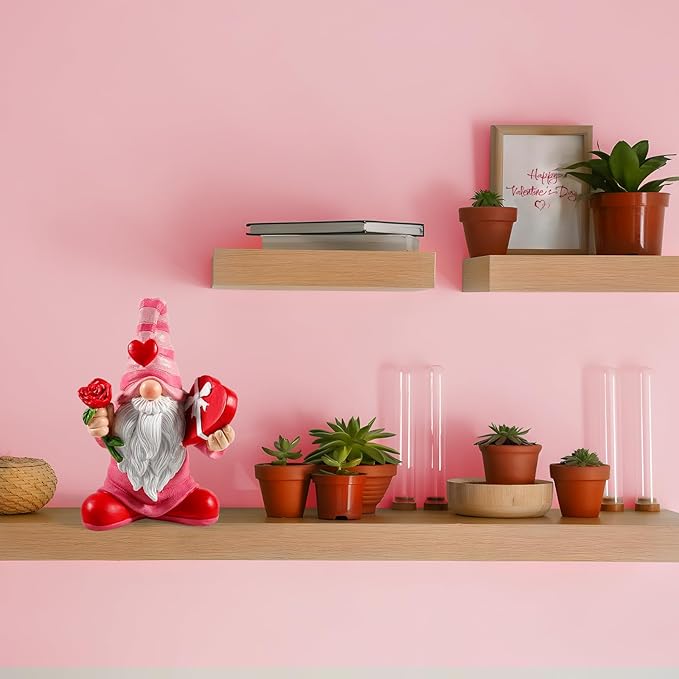 7.1"x5.1" Larger Valentines Day Gnome - Valentine's Day Decor Gifts Pink Resin Gnomes for Home Table Ornaments Sweet Valentines Day Gifts for Him Her