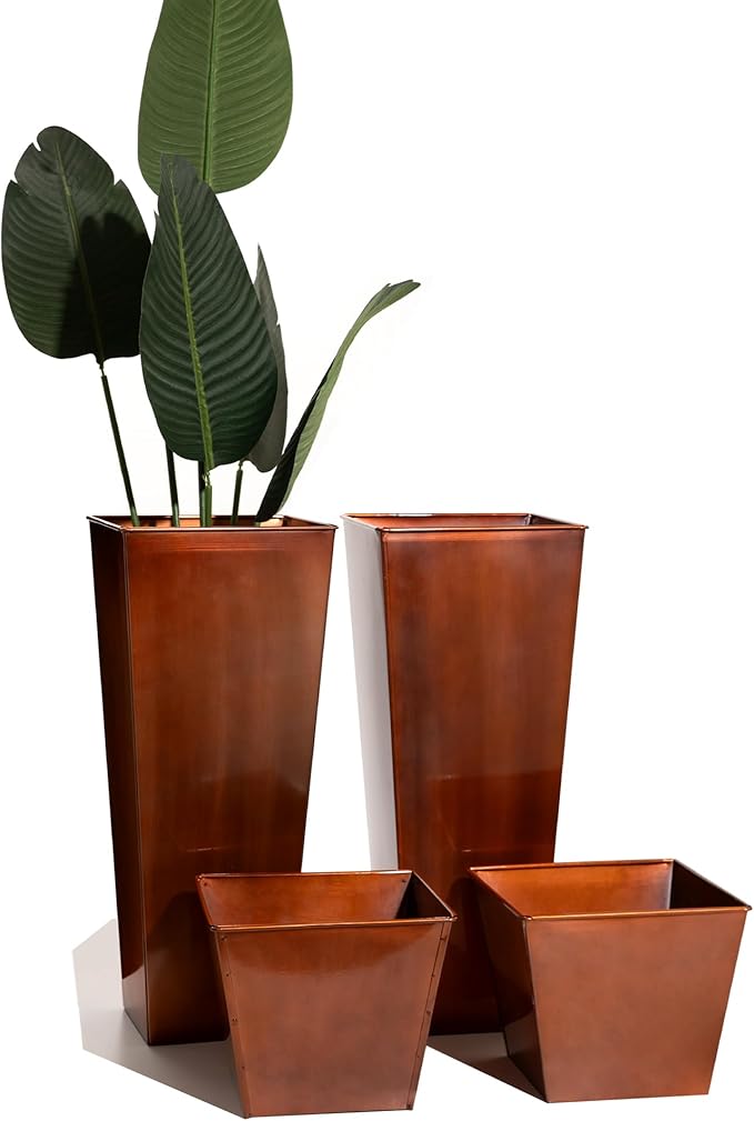 UltiTeque 28in Tall Metal Copper Square Planter Galvanized Steel Metal Planters for Indoor/Patio Deck Garden Entrance Planter