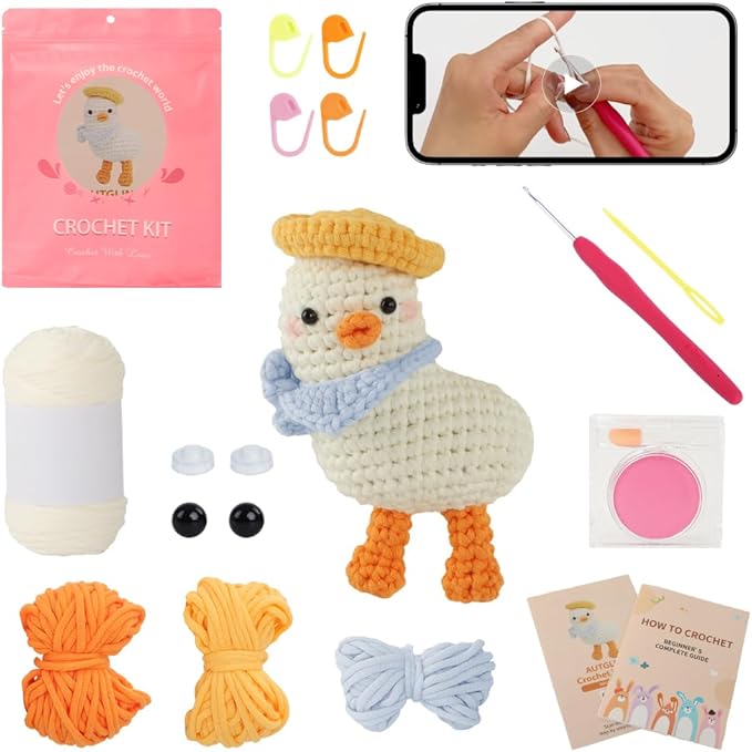 Duck Crochet Kit for Beginners - Complete Amigurumi Starter Set with Step-by-Step Video Tutorials | Easy-to-See Anti-Split Yarn & Pre-Started Magic Loop | Ideal Creative DIY Gift for Adults & Kids