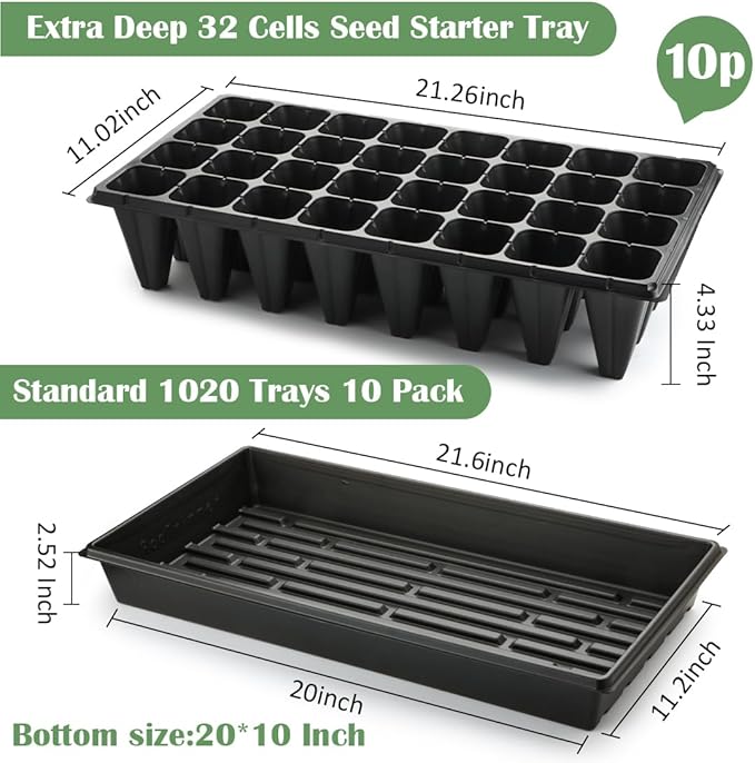 10 Pack 1020 Trays No Holes and 10 Pack 4.3" Deep 32 Cell Seed Starter Trays, 20" x 10" - Heavy Duty Plastic Nursery Flats for Seed Germination & Plant Propagation (10 Sets)