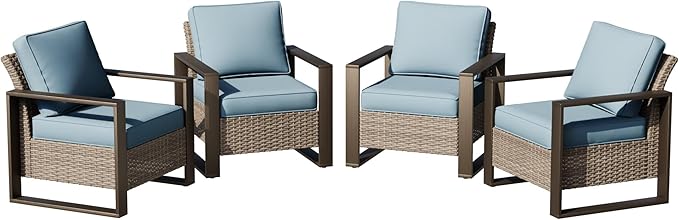Joyside Outdoor Patio Chairs Set, 4 Pieces Wicker Rattan Chairs with Metal Wide Armrest, Thick Cushions and Deep Seating for Garden, Backyard, Porch, Deck