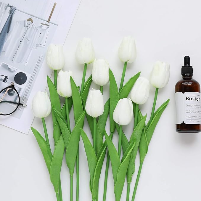 Kisflower 30Pcs Latex Tulips Real Touch White Artificial Flowers Fake Tulips Arrangement Bouquet for Home Office Wedding Decor (White)