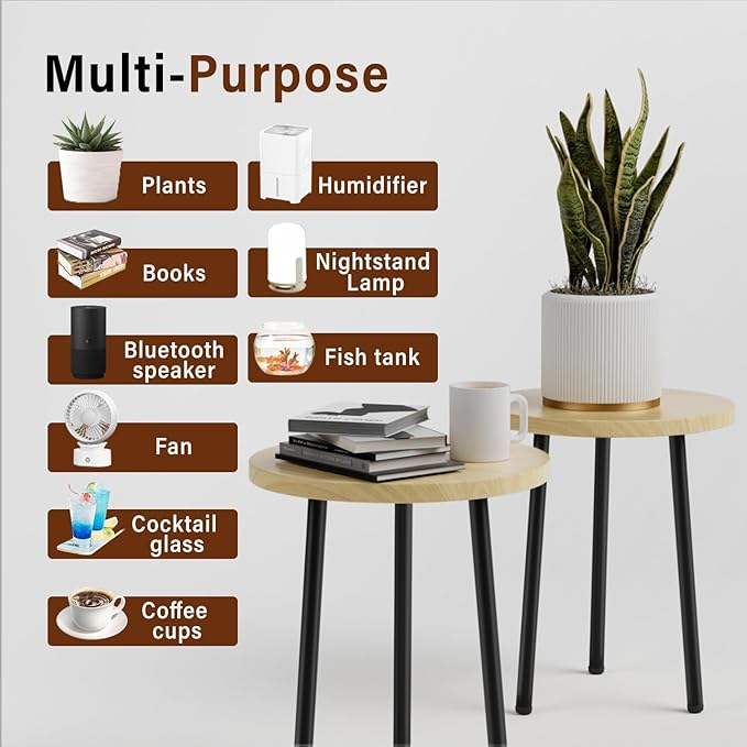 SAKSUN Plant Stand Indoor 14'': Indoor Plant Stand 2 Pack Metal Plant Table - Wood Plant Stool Outdoor Small Round Side End Table Mid Century Modern Decor - Home Decor